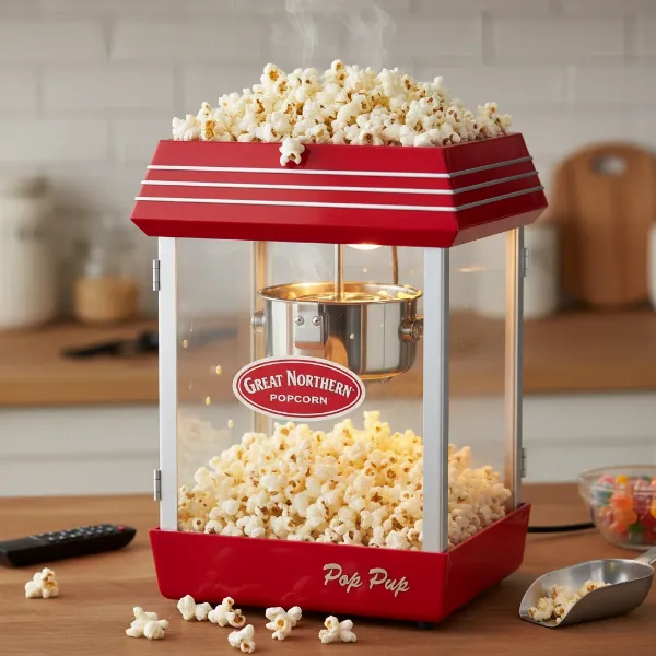 The Great Northern Pop Pup popcorn maker in action, with fresh popcorn filling its serving tray under the warming light.