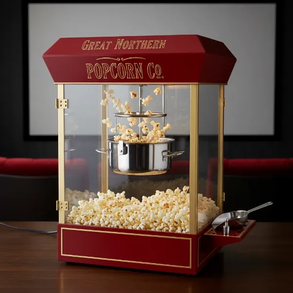 Close-up of a Great Northern popcorn machine showing its design and essential components.
