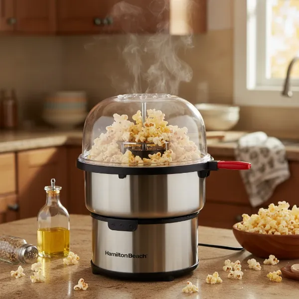 Hamilton Beach Electric Hot Oil Popcorn Popper in action, popping kernels with a stirring arm, vibrant and inviting