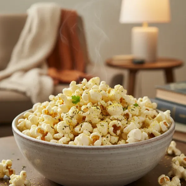 A bowl of fresh, healthy, oil-free popcorn with optional light seasoning, ready for snacking.