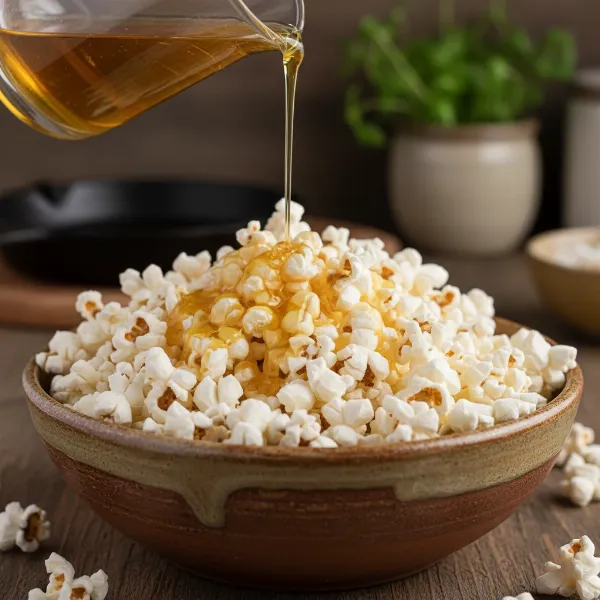 Freshly popped oil-free popcorn in a bowl with melted butter drizzled, ready for snacking.