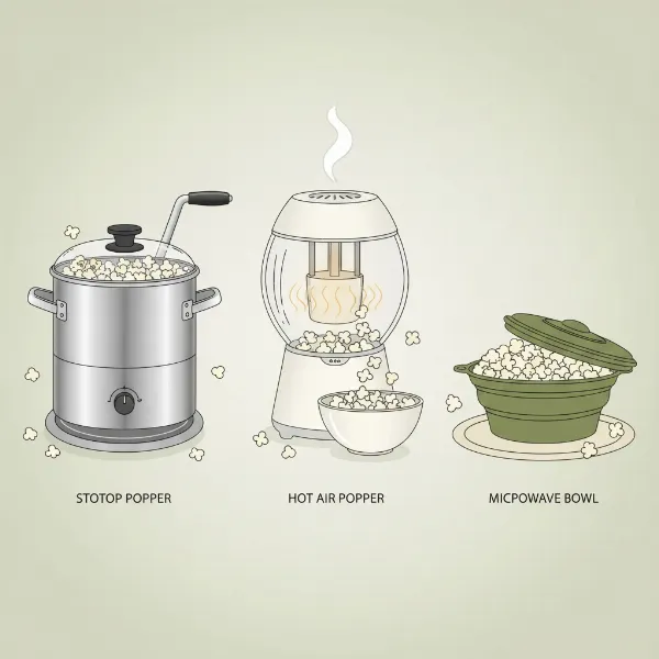 Illustration showing different types of BPA-free popcorn makers: stovetop, hot air, and microwave.