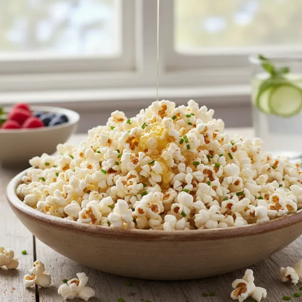 A bowl of freshly air-popped popcorn, representing a healthy, low-calorie snack option.
