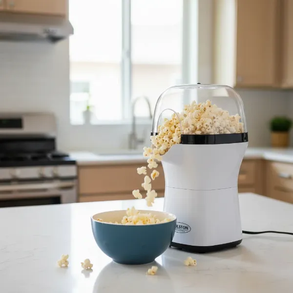 Compact Holstein Housewares hot air popcorn maker on a kitchen counter, preparing oil-free popcorn.