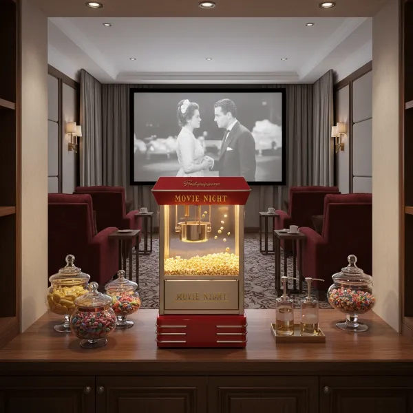 A sleek commercial-style popcorn machine integrated into a modern home theater setup.
