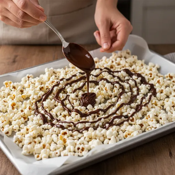 Hands drizzling melted chocolate over popcorn on a parchment-lined baking sheet for a quick snack