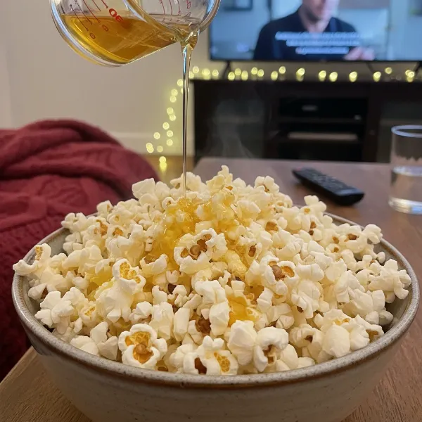 A bowl of freshly popped, healthy popcorn with melted butter drizzled on top.