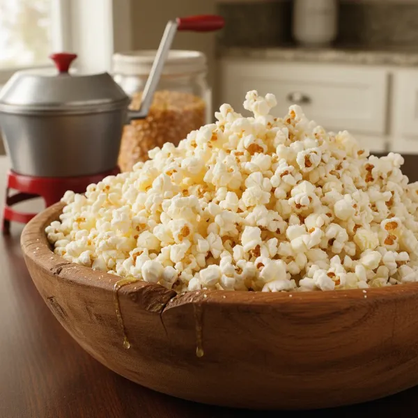 A close-up of delicious homemade movie theater style popcorn in a bowl, with a classic stovetop popper in the background.
