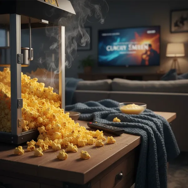 Freshly popped, golden-yellow movie theater style popcorn with visible seasoning, ready to be enjoyed at home.