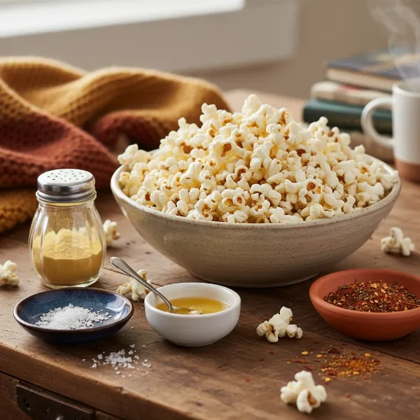 A bowl of homemade air-popped popcorn with various topping options like salt, spices, and melted butter.
