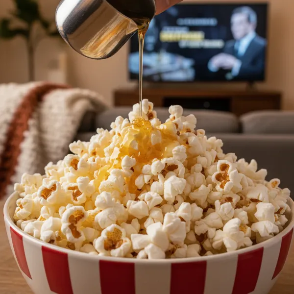 Freshly popped, light, and fluffy hot air popcorn in a bowl with melted butter drizzled over it.