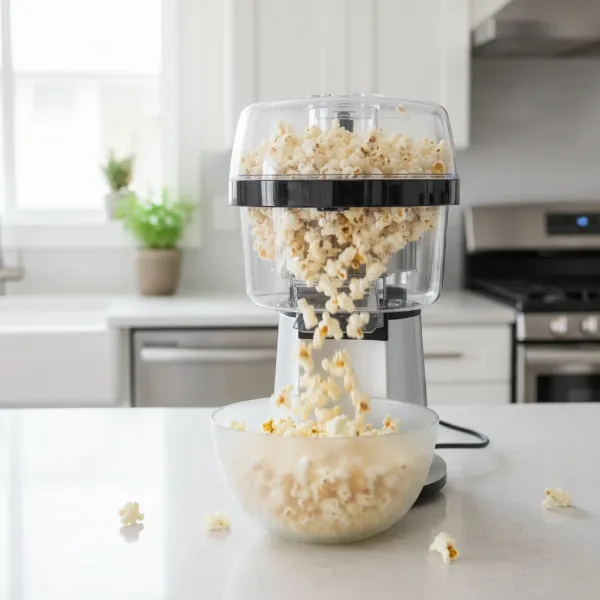 modern hot air popcorn maker in a kitchen popping corn for a healthy snack