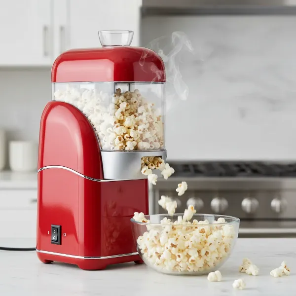 A modern hot air popcorn maker with an on/off switch, actively popping popcorn into a large bowl.