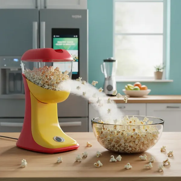 A vibrant hot air popcorn popper rapidly popping kernels into a large bowl, emphasizing health and speed.