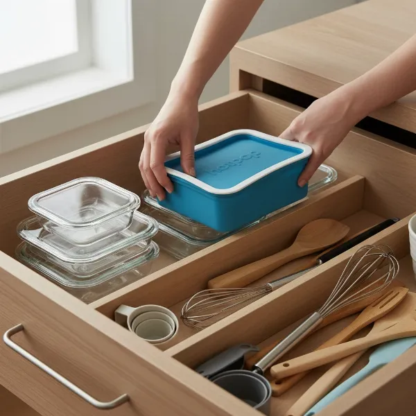 A clean, collapsed Hotpop Microwave Popcorn Popper being stored in a kitchen drawer.