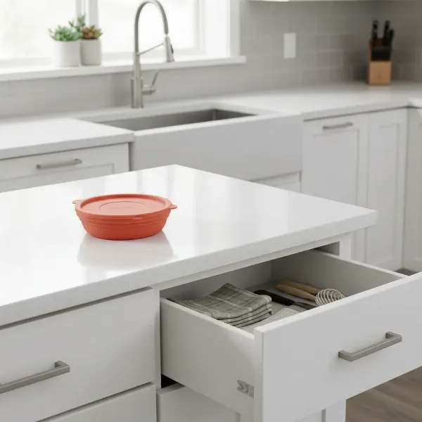 Hotpop Microwave Popcorn Popper in its collapsed, space-saving form next to a small kitchen drawer.