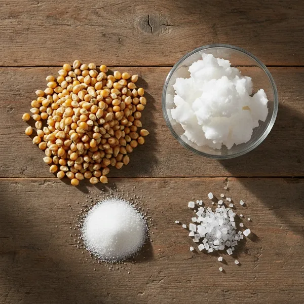 A close-up of essential kettle corn ingredients: popcorn kernels, coconut oil, granulated sugar, and sea salt, neatly arranged.