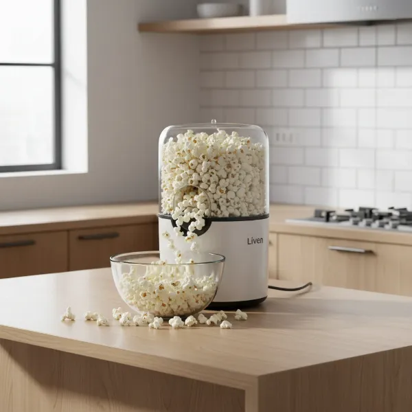 Liven Electric Popcorn Maker actively popping kernels in a kitchen setting