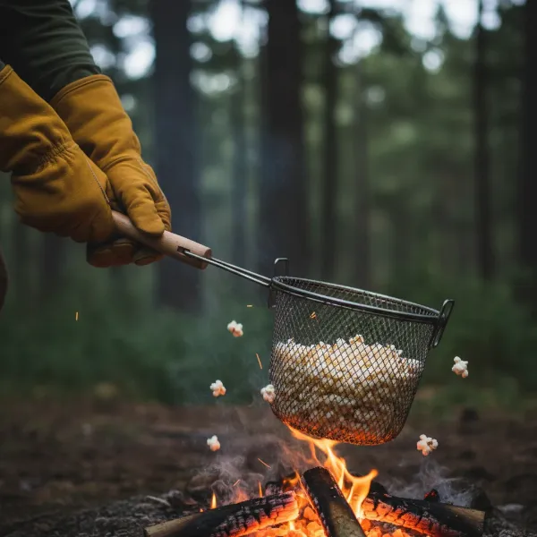 a person holding a long-handle popcorn popper over campfire embers