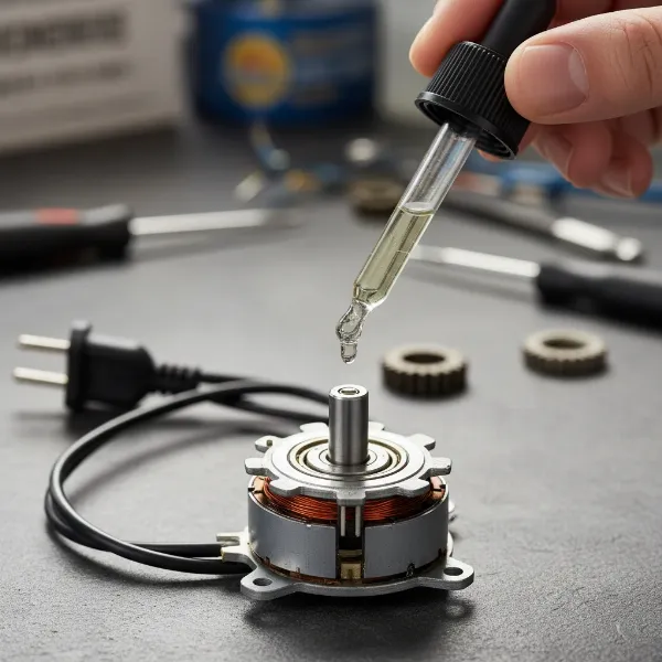 Hands applying lubricating oil to the bearings of an exposed electric fan motor shaft.