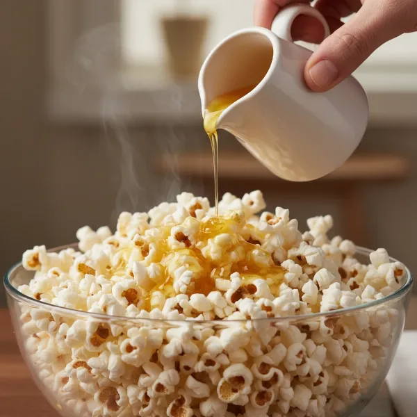 Melted butter being drizzled over warm popcorn kernels in a large bowl before cheese application.