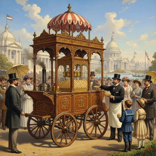 Historic image of a mobile, steam-powered popcorn wagon at the 1893 World's Columbian Exposition in Chicago.