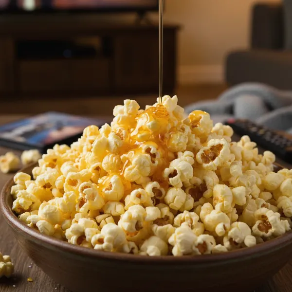 Freshly popped popcorn in a bowl with melted butter drizzling over it, ready for movie night.