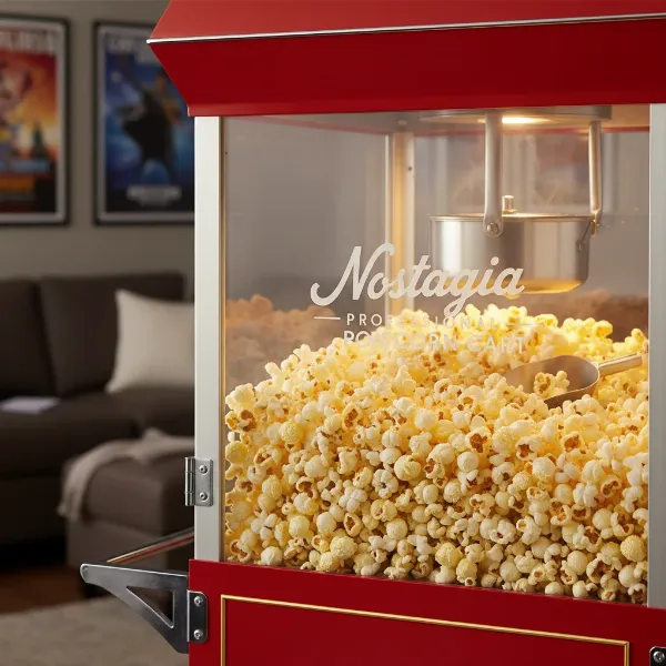 Delicious movie theater style popcorn in Nostalgia Vintage Professional Popcorn Cart, ready to serve.