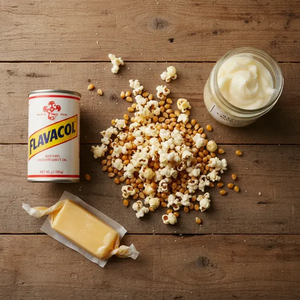 Essential ingredients for making movie theater style popcorn at home, including kernels, coconut oil, and Flavacol