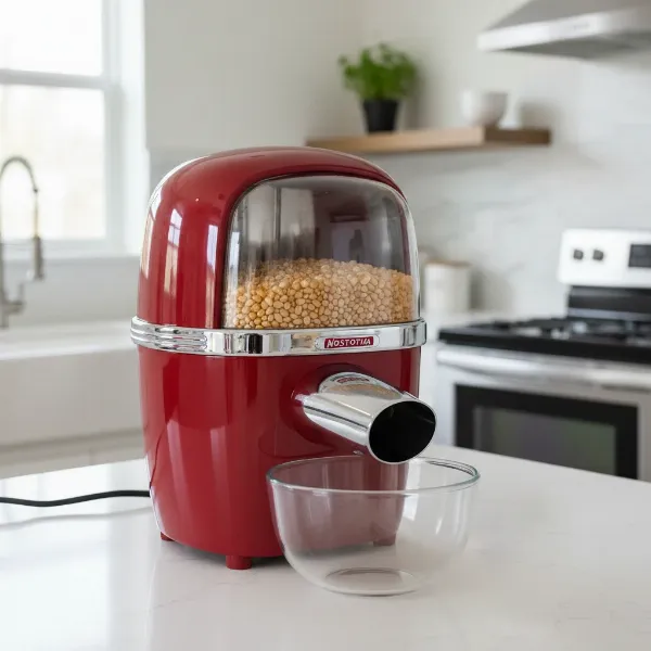 Red retro Nostalgia hot air popcorn maker on a kitchen counter, ready for use.