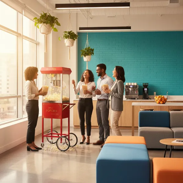 An inviting office breakroom with a commercial popcorn maker, fresh popcorn, and happy employees.