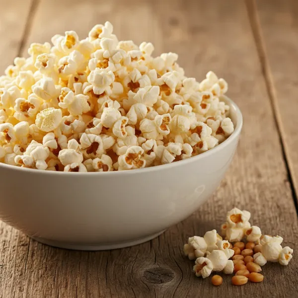A bowl of fluffy, perfectly popped popcorn contrasted with a small pile of unpopped kernels.