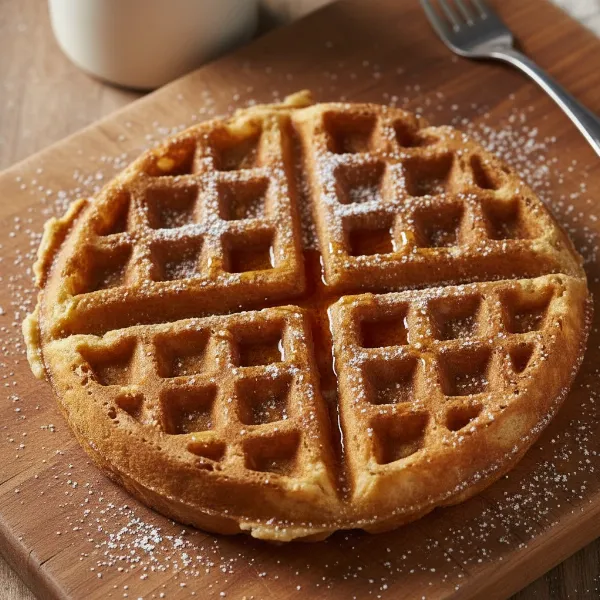 A perfectly cooked, golden-brown, round waffle with deep pockets, fresh from a cast iron iron.