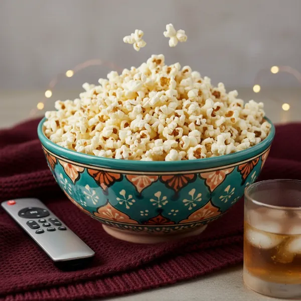A large bowl filled with perfectly popped, fluffy, golden popcorn, ready for consumption.