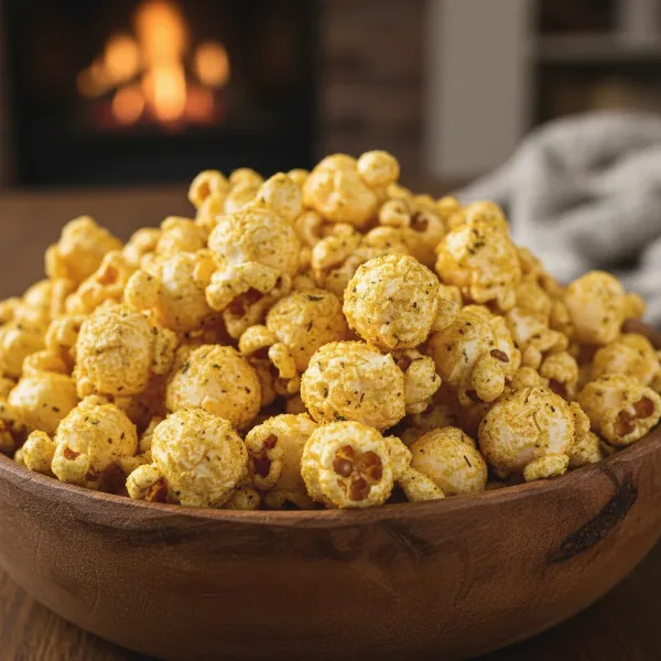 Close-up of perfectly seasoned, crisp popcorn kernels in a bowl