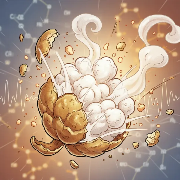 Close-up of a popcorn kernel bursting, illustrating the scientific process of popping.