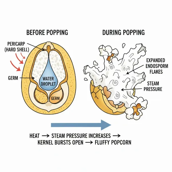 Diagram illustrating the scientific process of a popcorn kernel popping due to steam pressure.
