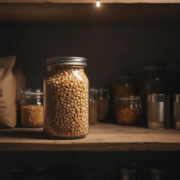 Popcorn kernels stored in an airtight glass jar in a cool, dark pantry.