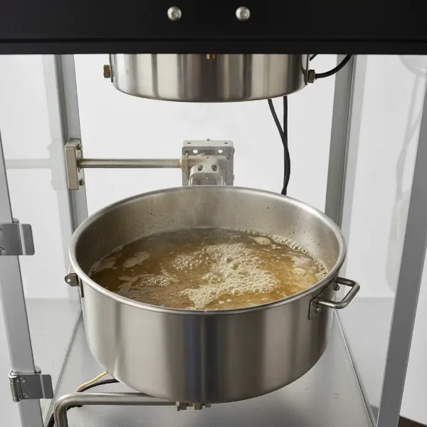 A popcorn machine kettle inside a machine with cleaning solution boiling to remove residue.