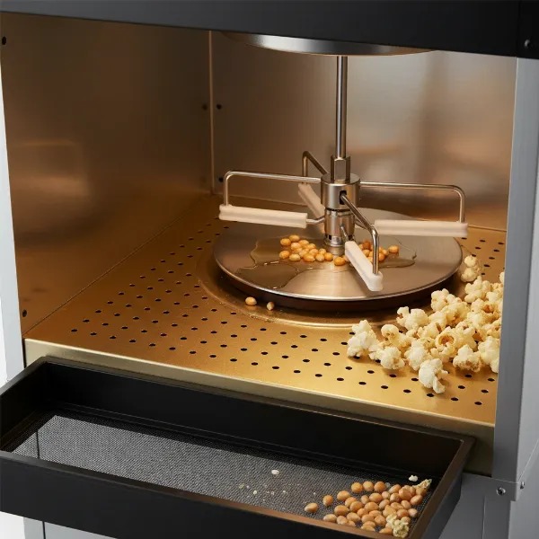 Close-up of a popcorn maker showing a stirring mechanism, warming deck, and crumb tray.