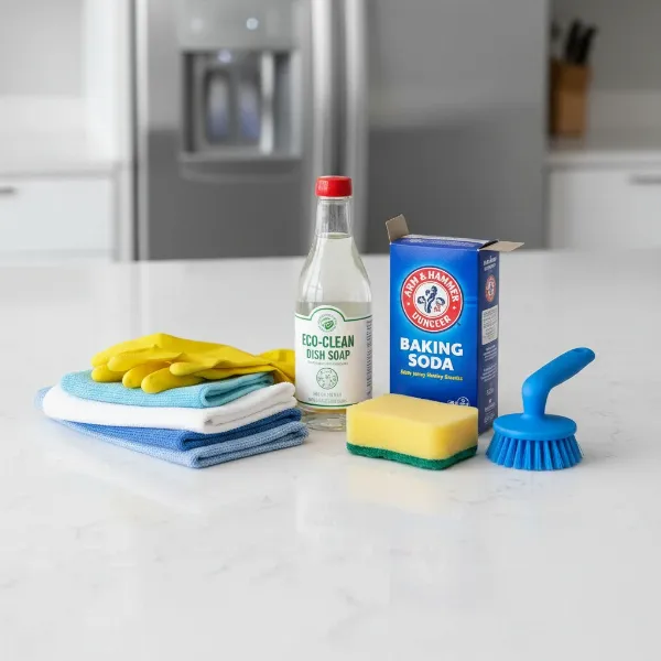 Various cleaning supplies for a popcorn maker, including dish soap, vinegar, baking soda, cloths, and brushes.