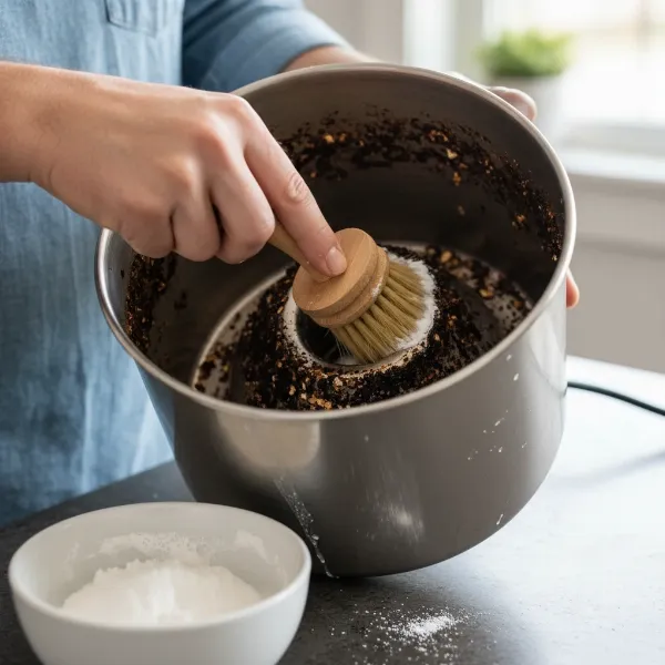 A person cleaning a popcorn maker's kettle with baking soda paste and a brush, removing burnt residue.