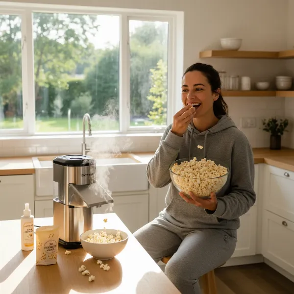 A person happily enjoying fresh popcorn from a modern popcorn maker in a bright, inviting kitchen setting, illustrating a satisfied user experience.
