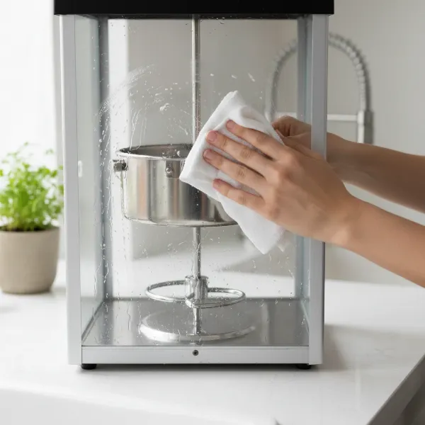 A person diligently cleaning their popcorn maker, emphasizing the importance of regular maintenance for extended lifespan. Focus on hands-on care.