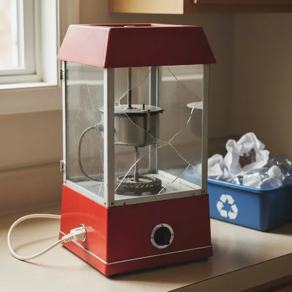 An old, clean, unplugged popcorn maker placed on a countertop, ready for recycling or disposal, with a green recycling bin in the background.