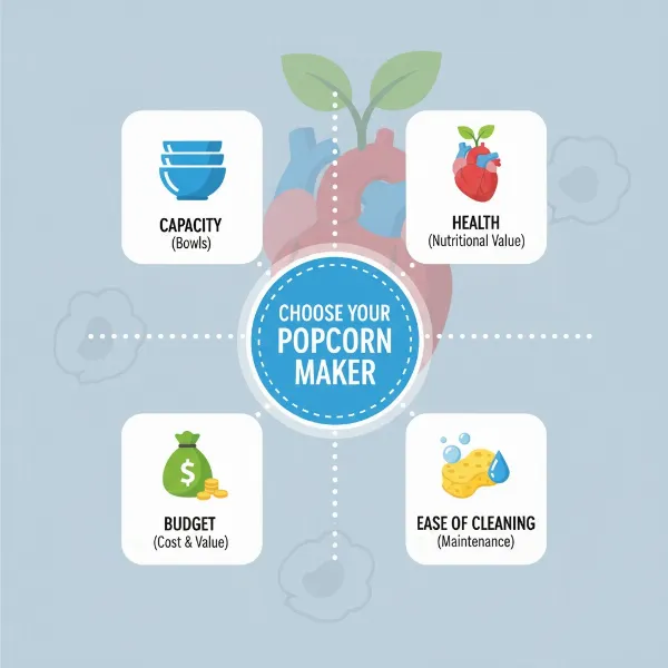 A graphic illustrating various factors in choosing a popcorn maker like capacity, health, and budget.