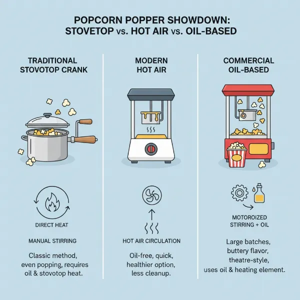Illustration showing different types of popcorn makers: stovetop, air popper, and oil popper.