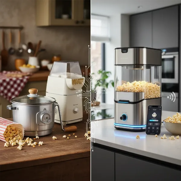 A visual timeline showing the evolution of popcorn makers from classic stovetop to modern smart appliances.