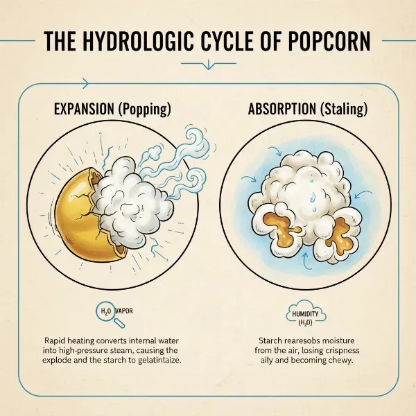 Illustration showing popcorn kernel popping, steam release, and reabsorption causing chewiness.