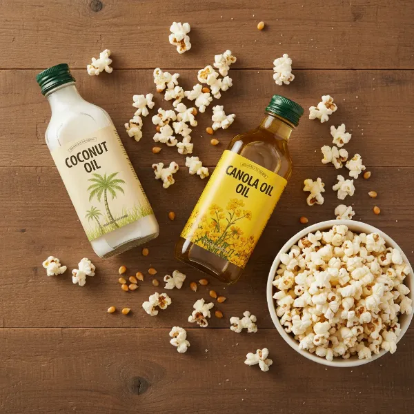 Illustration of two types of oils, coconut and canola, for making popcorn.